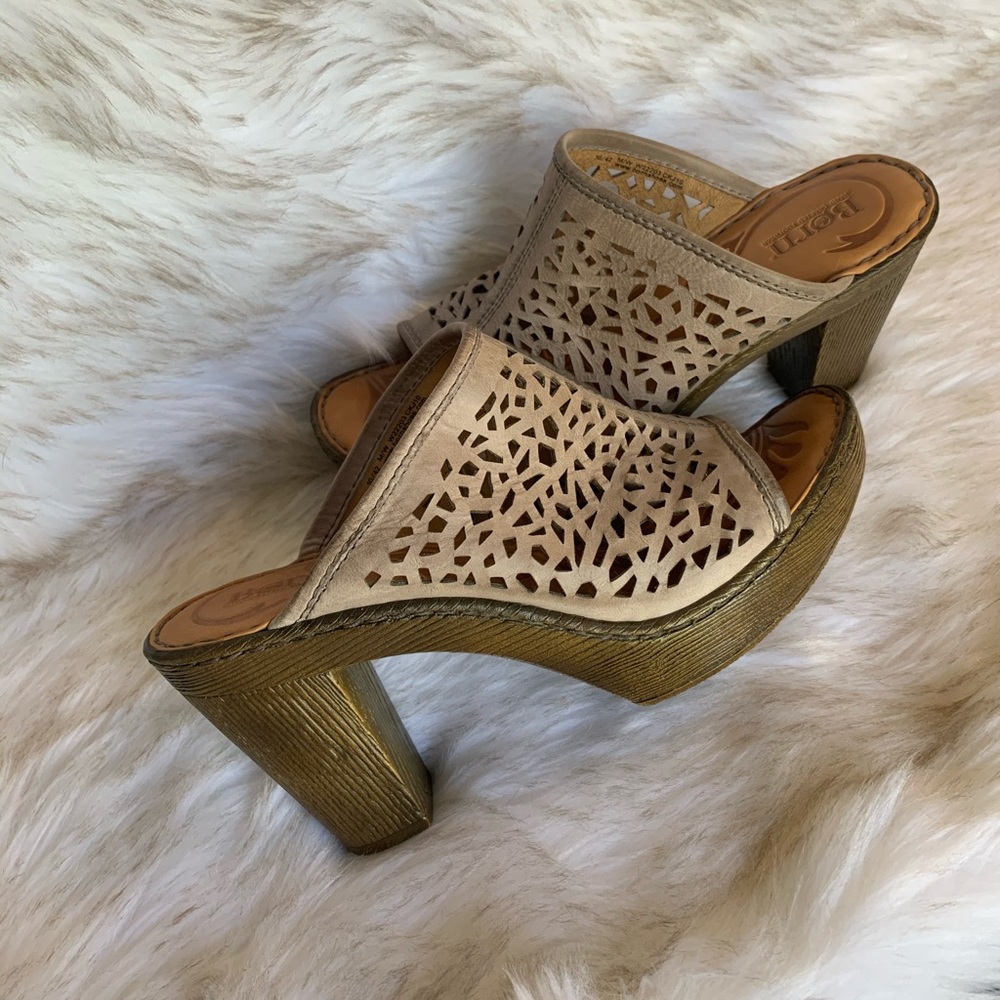Born Kismet Taupe Open Toe Laser Cut Heels Size 10